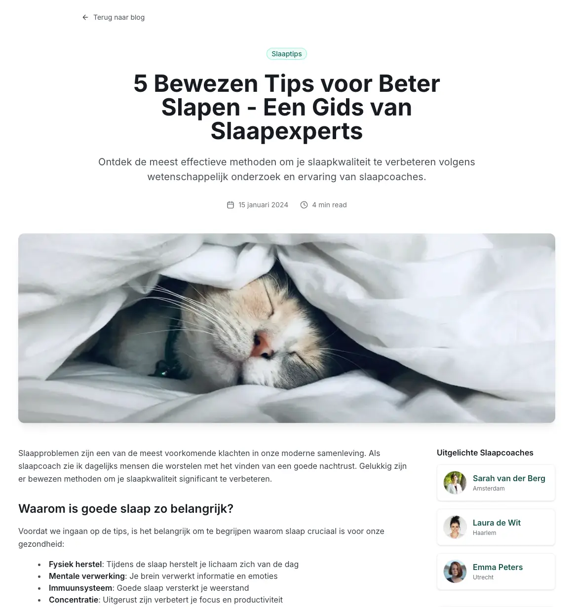 Blog met uitgelichte coaches sectie