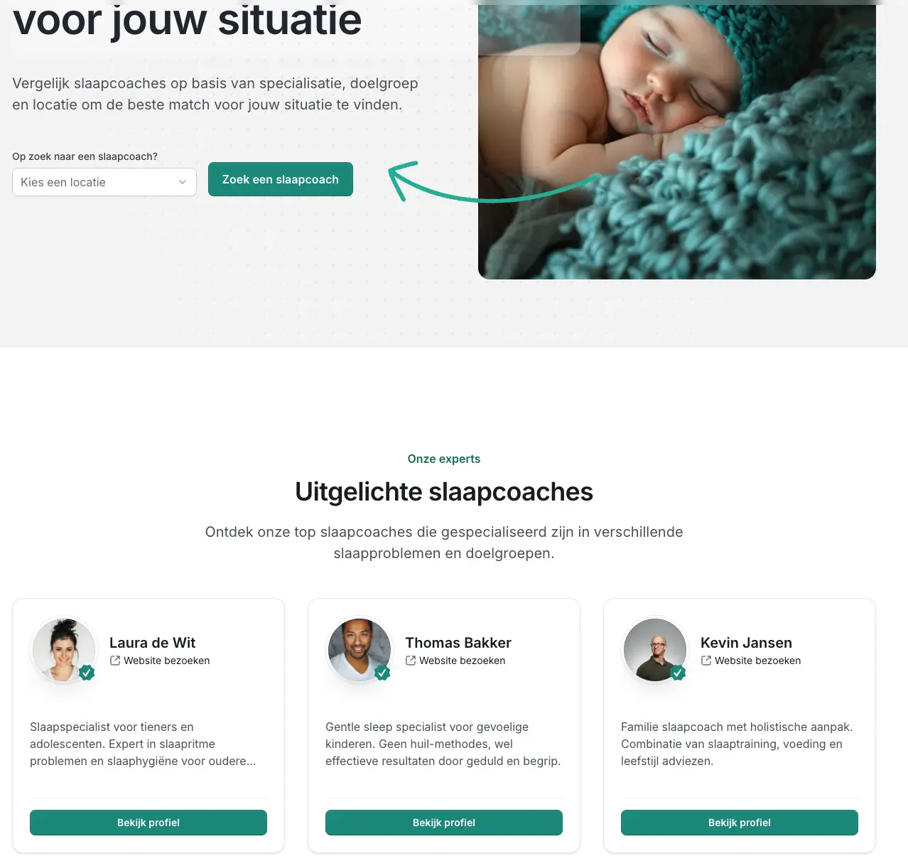 Homepage met uitgelichte slaapcoaches
